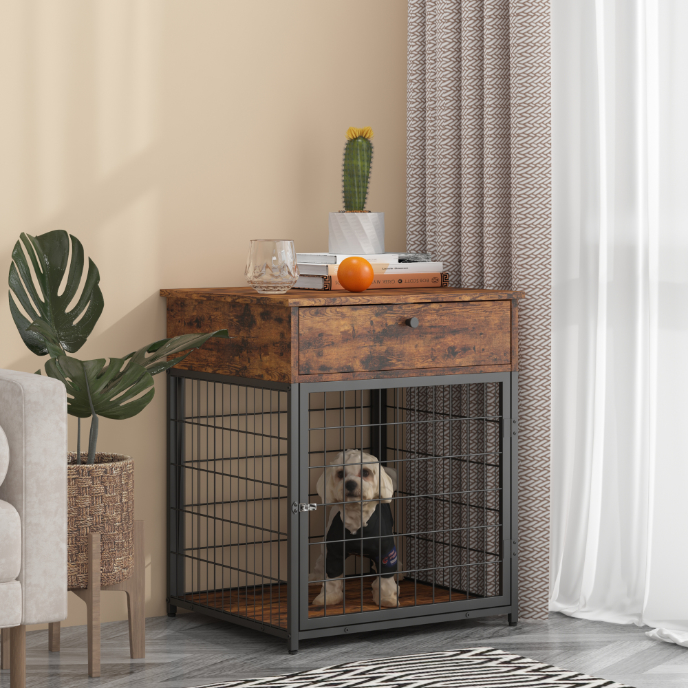 Furniture Style Wood Dog Crate End Table with Storage Console（Rustic Brown,19.69''w x 22.83''d x 26.97''h）