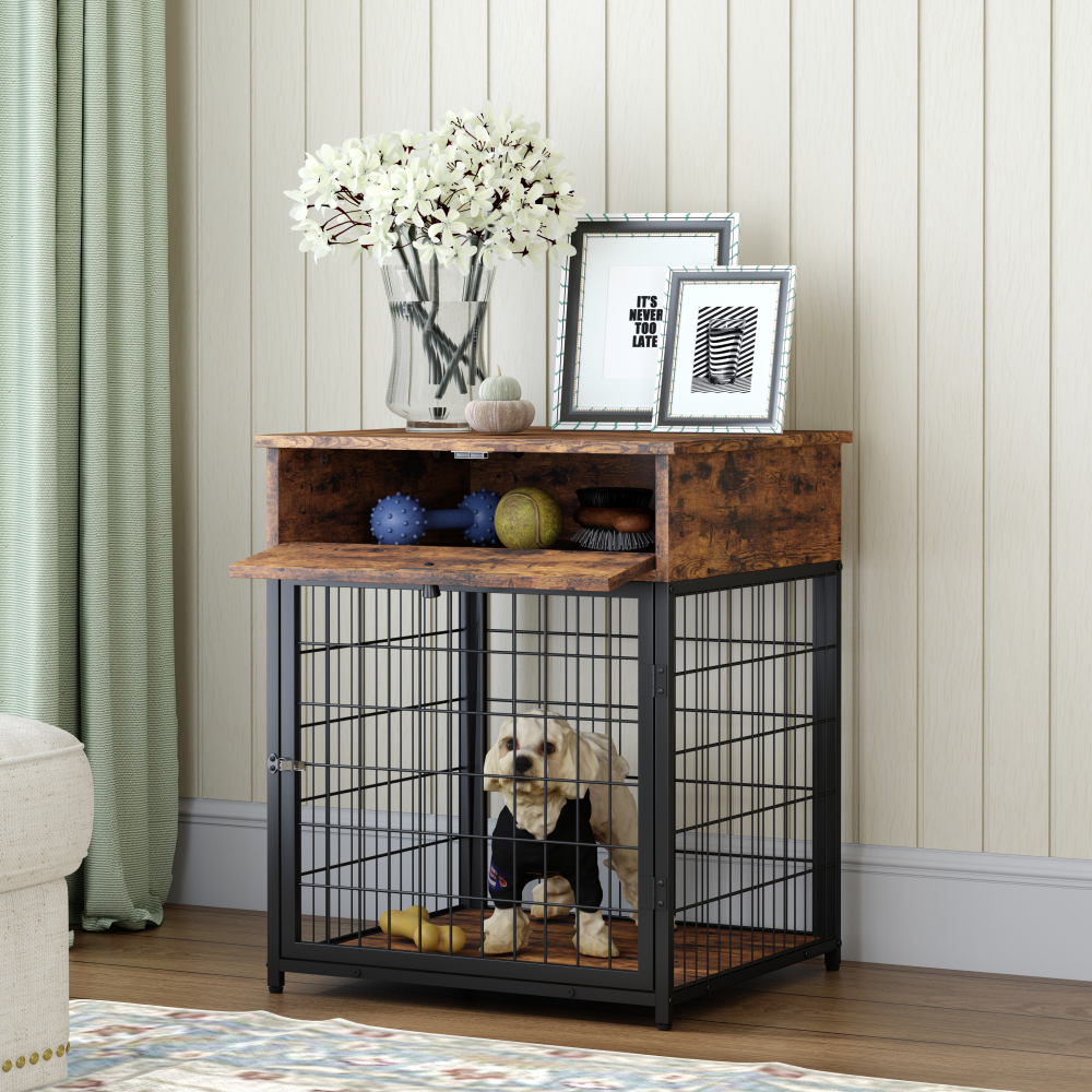 Furniture Style Wood Dog Crate End Table with Storage Console（Rustic Brown,19.69''w x 22.83''d x 26.97''h）