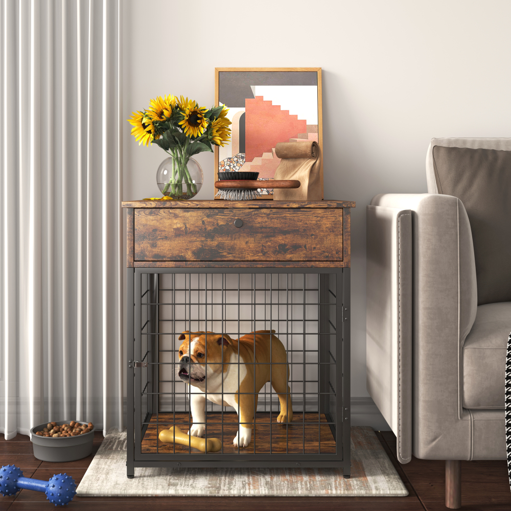 Furniture Style Wood Dog Crate End Table with Storage Console（Rustic Brown,19.69''w x 22.83''d x 26.97''h）