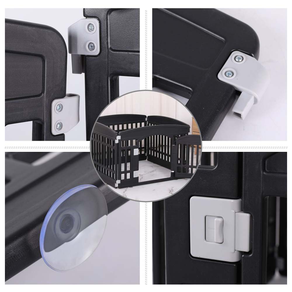 Pet Playpen Foldable Gate for Dogs Heavy Plastic Puppy Exercise Pen with Door Portable Indoor Outdoor Small Pets Fence Puppies Folding Cage 4 Panels Medium Animals House Black (33.5x33.5 inches)