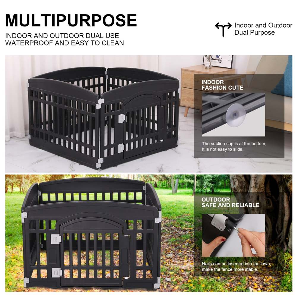 Pet Playpen Foldable Gate for Dogs Heavy Plastic Puppy Exercise Pen with Door Portable Indoor Outdoor Small Pets Fence Puppies Folding Cage 4 Panels Medium Animals House Black (33.5x33.5 inches)