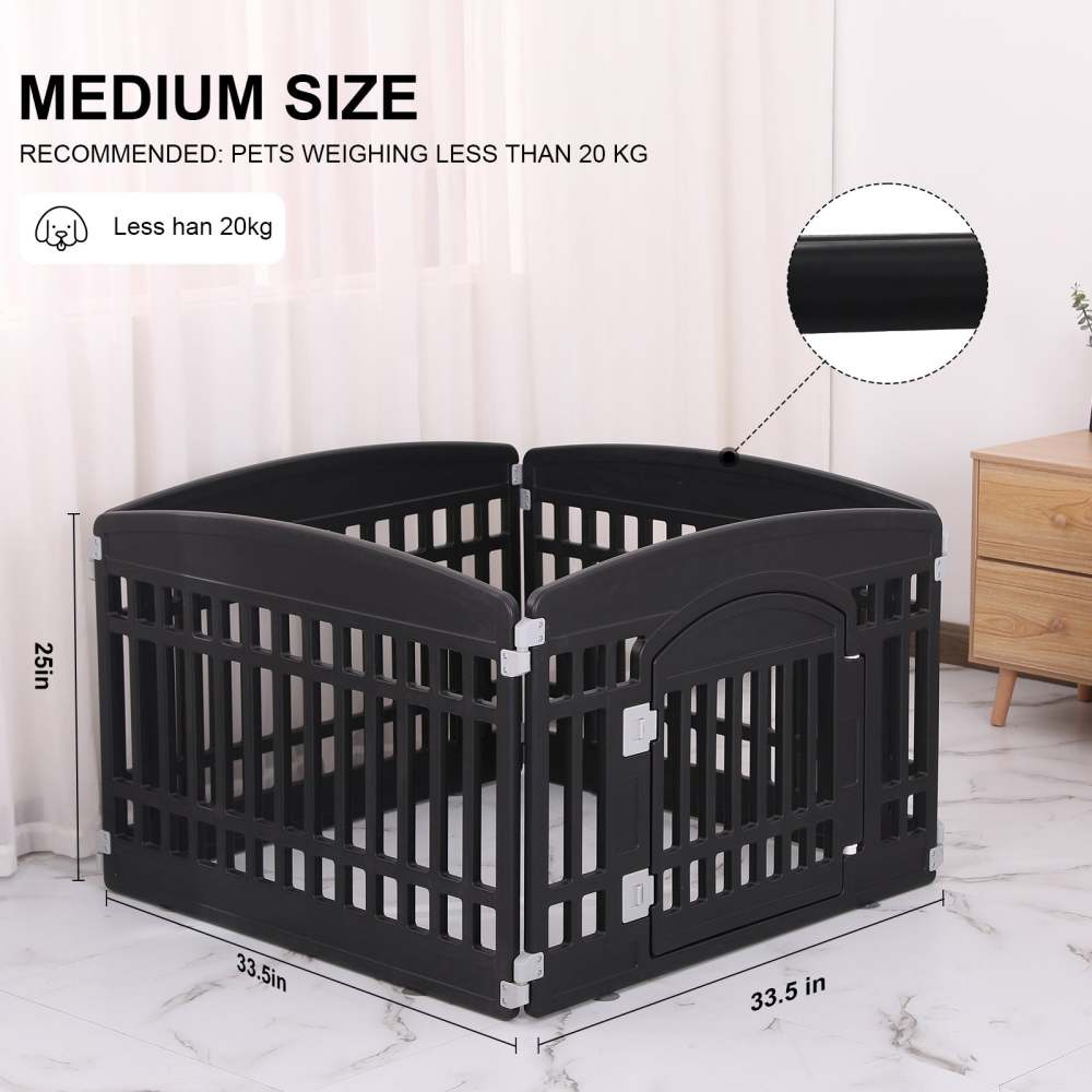 Pet Playpen Foldable Gate for Dogs Heavy Plastic Puppy Exercise Pen with Door Portable Indoor Outdoor Small Pets Fence Puppies Folding Cage 4 Panels Medium Animals House Black (33.5x33.5 inches)