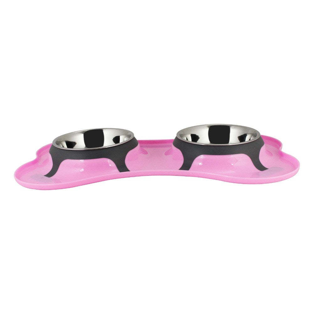 Bone Shaped Plastic Pet Double Diner with Stainless Steel Bowls; Pink and Silver
