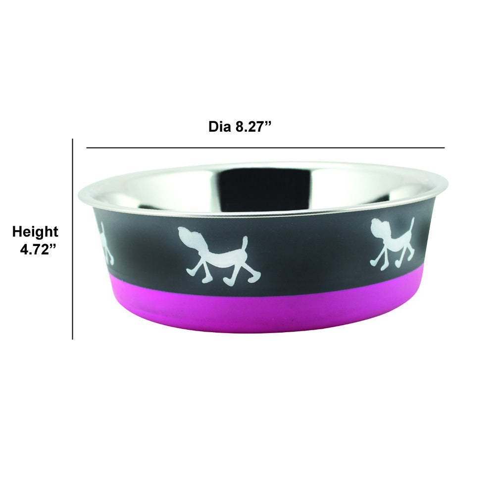 Stainless Steel Pet Bowl with Anti Skid Rubber Base and Dog Design; Large; Gray and Pink