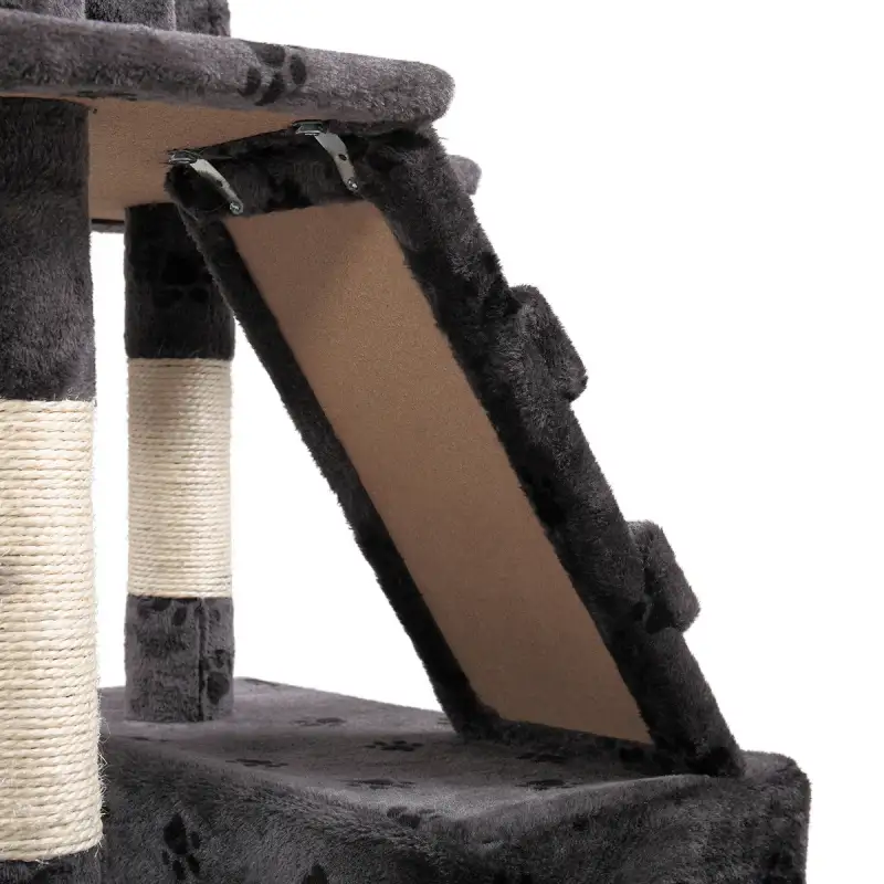 Multi-Level Cat Tree Tower House with Play Tunnel and Dangling Interactive Toy, Grey With Paw print XH