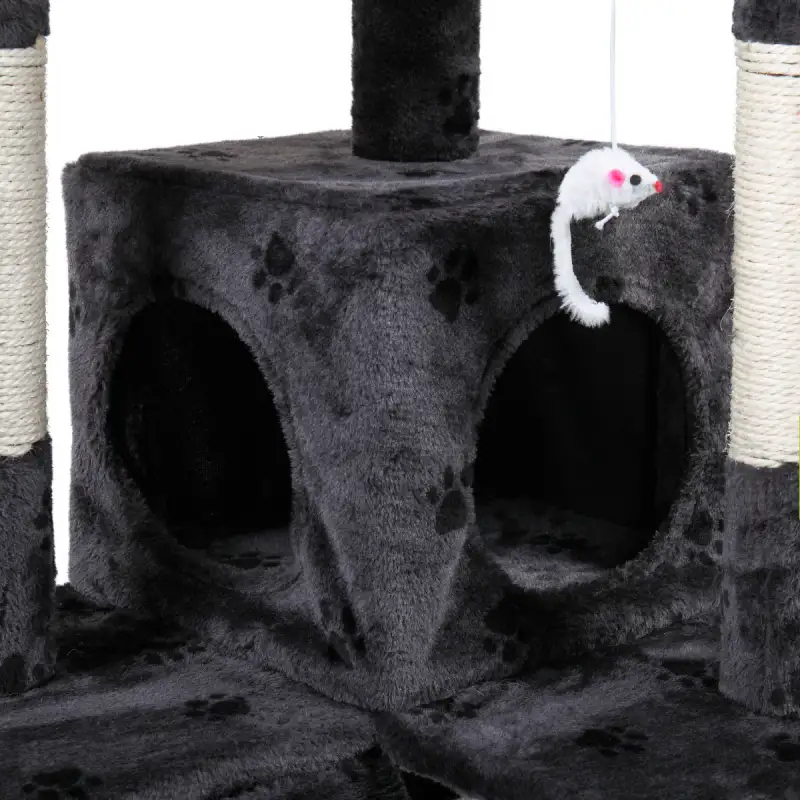 Multi-Level Cat Tree Tower House with Play Tunnel and Dangling Interactive Toy, Grey With Paw print XH