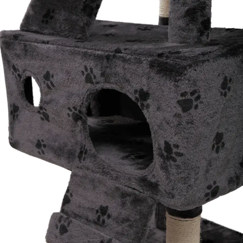 Multi-Level Cat Tree Tower House with Play Tunnel and Dangling Interactive Toy, Grey With Paw print XH
