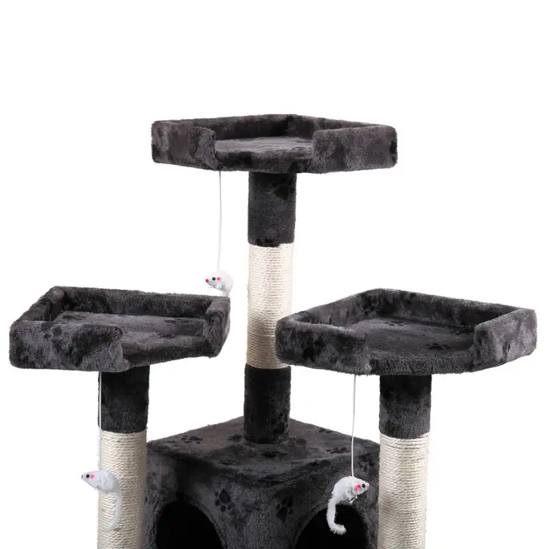 Multi-Level Cat Tree Tower House with Play Tunnel and Dangling Interactive Toy, Grey With Paw print XH