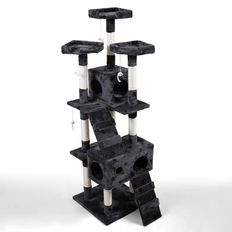 Multi-Level Cat Tree Tower House with Play Tunnel and Dangling Interactive Toy, Grey With Paw print XH