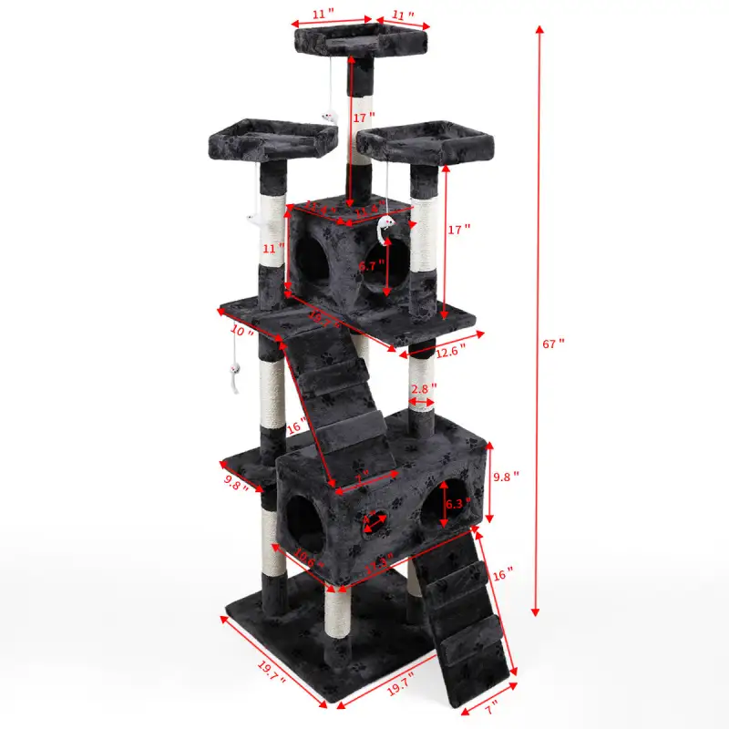 Multi-Level Cat Tree Tower House with Play Tunnel and Dangling Interactive Toy, Grey With Paw print XH