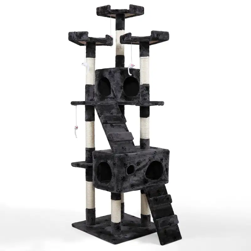 Multi-Level Cat Tree Tower House with Play Tunnel and Dangling Interactive Toy, Grey With Paw print XH