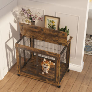Furniture Style Dog Crate Side Table on Wheels with Double Doors and Lift Top.
