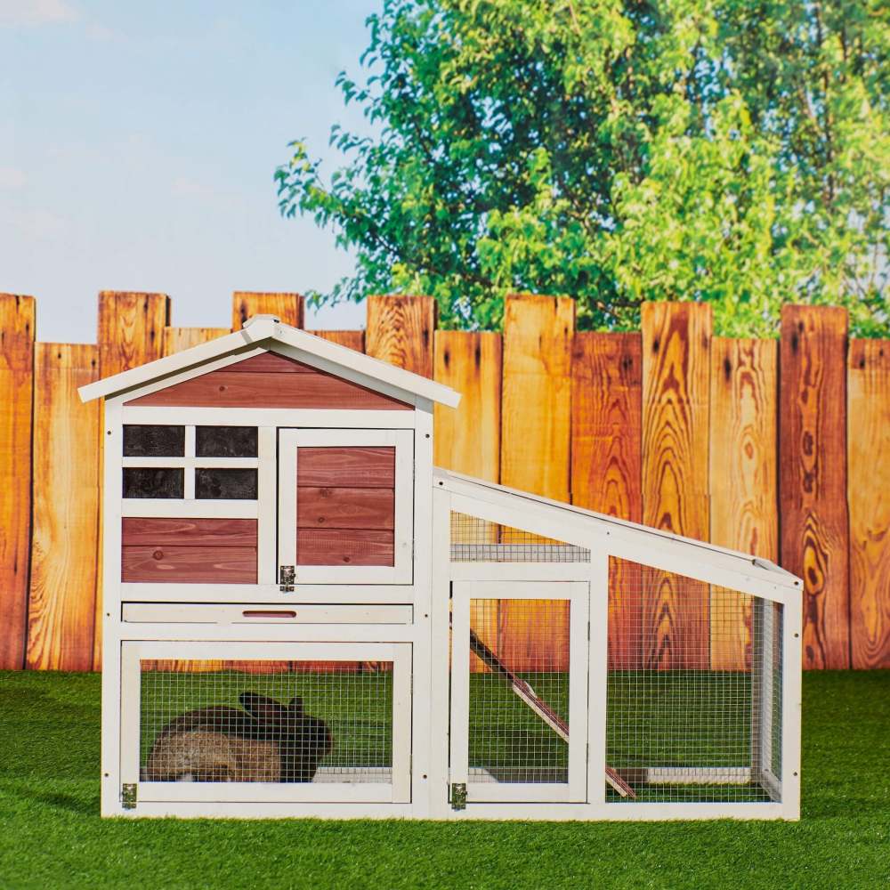Rabbit Hutch Indoor Outdoor;  Wooden Chicken Coop;  Bunny Cage Hen House with Run;  Ventilation Door;  Removable Tray;  Ramp;  Sunlight Panel;  Backyard Garden Animals Pet Cage