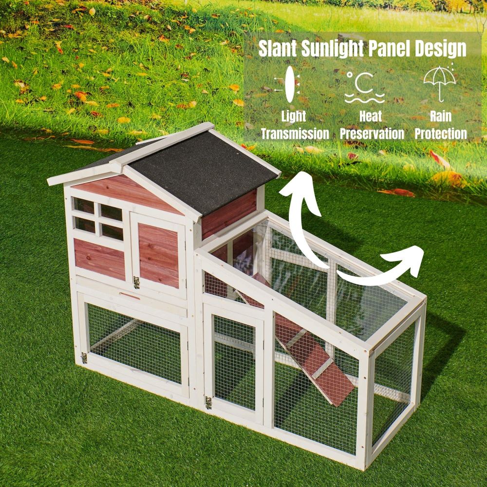 Rabbit Hutch Indoor Outdoor;  Wooden Chicken Coop;  Bunny Cage Hen House with Run;  Ventilation Door;  Removable Tray;  Ramp;  Sunlight Panel;  Backyard Garden Animals Pet Cage
