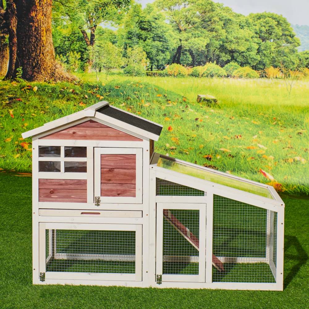 Rabbit Hutch Indoor Outdoor;  Wooden Chicken Coop;  Bunny Cage Hen House with Run;  Ventilation Door;  Removable Tray;  Ramp;  Sunlight Panel;  Backyard Garden Animals Pet Cage