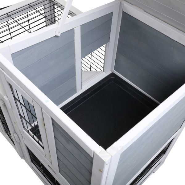 Wooden Rabbit Hutch, Outdoor Pet Bunny House Wooden Cage with Ventilation Gridding Fence, Openable Door, Cleaning Tray, Gray XH
