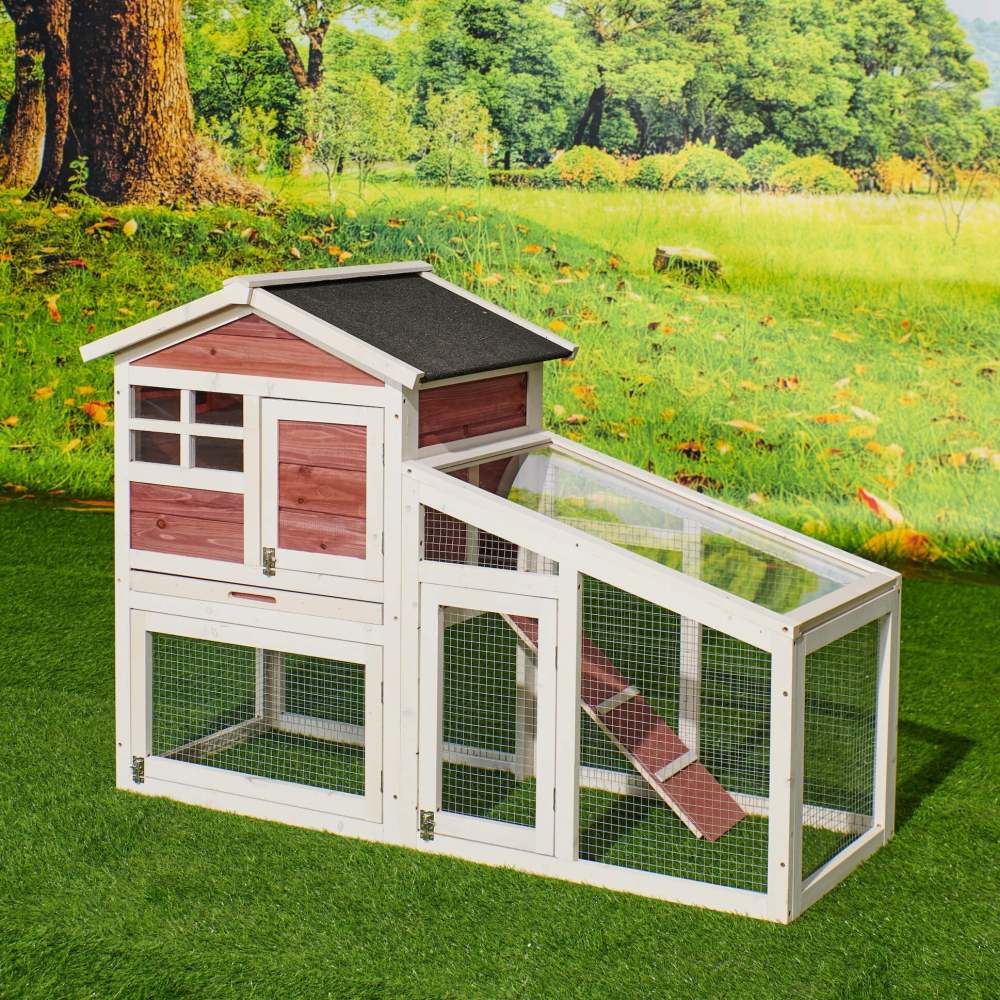 Rabbit Hutch Indoor Outdoor;  Wooden Chicken Coop;  Bunny Cage Hen House with Run;  Ventilation Door;  Removable Tray;  Ramp;  Sunlight Panel;  Backyard Garden Animals Pet Cage