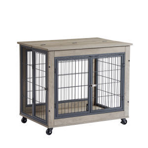 Furniture Style Dog Crate Side Table on Wheels with Double Doors and Lift Top.