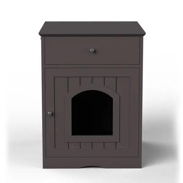 Wooden Pet House Cat Litter Box Enclosure with Drawer; Side Table; Indoor Pet Crate; Cat Home Nightstand (Brown)