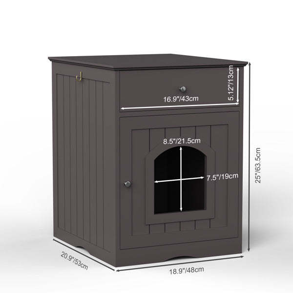 Wooden Pet House Cat Litter Box Enclosure with Drawer; Side Table; Indoor Pet Crate; Cat Home Nightstand (Brown)
