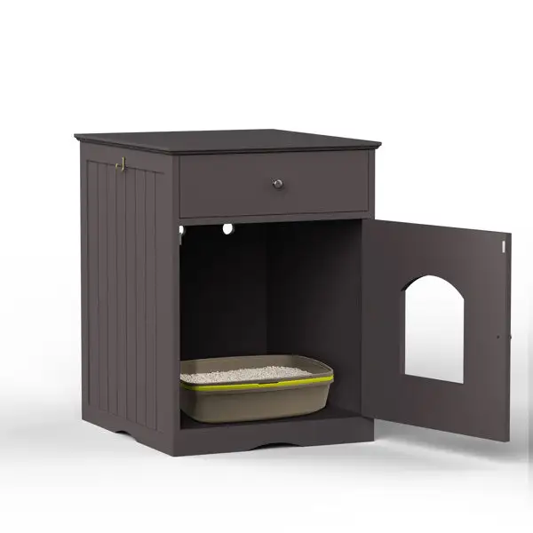 Wooden Pet House Cat Litter Box Enclosure with Drawer; Side Table; Indoor Pet Crate; Cat Home Nightstand (Brown)