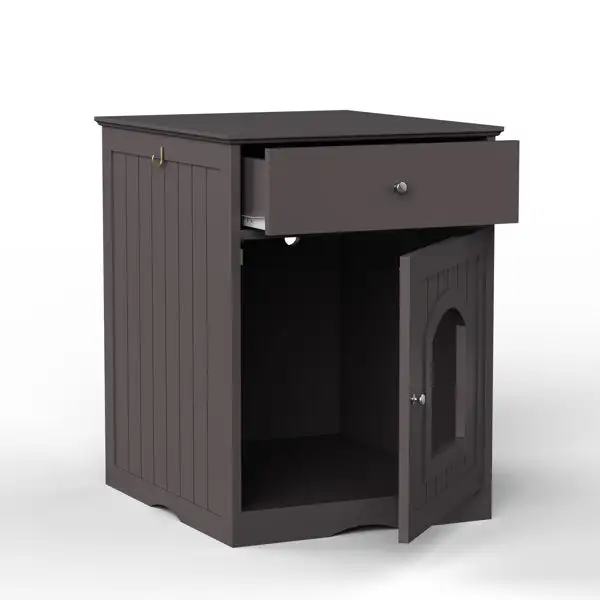 Wooden Pet House Cat Litter Box Enclosure with Drawer; Side Table; Indoor Pet Crate; Cat Home Nightstand (Brown)