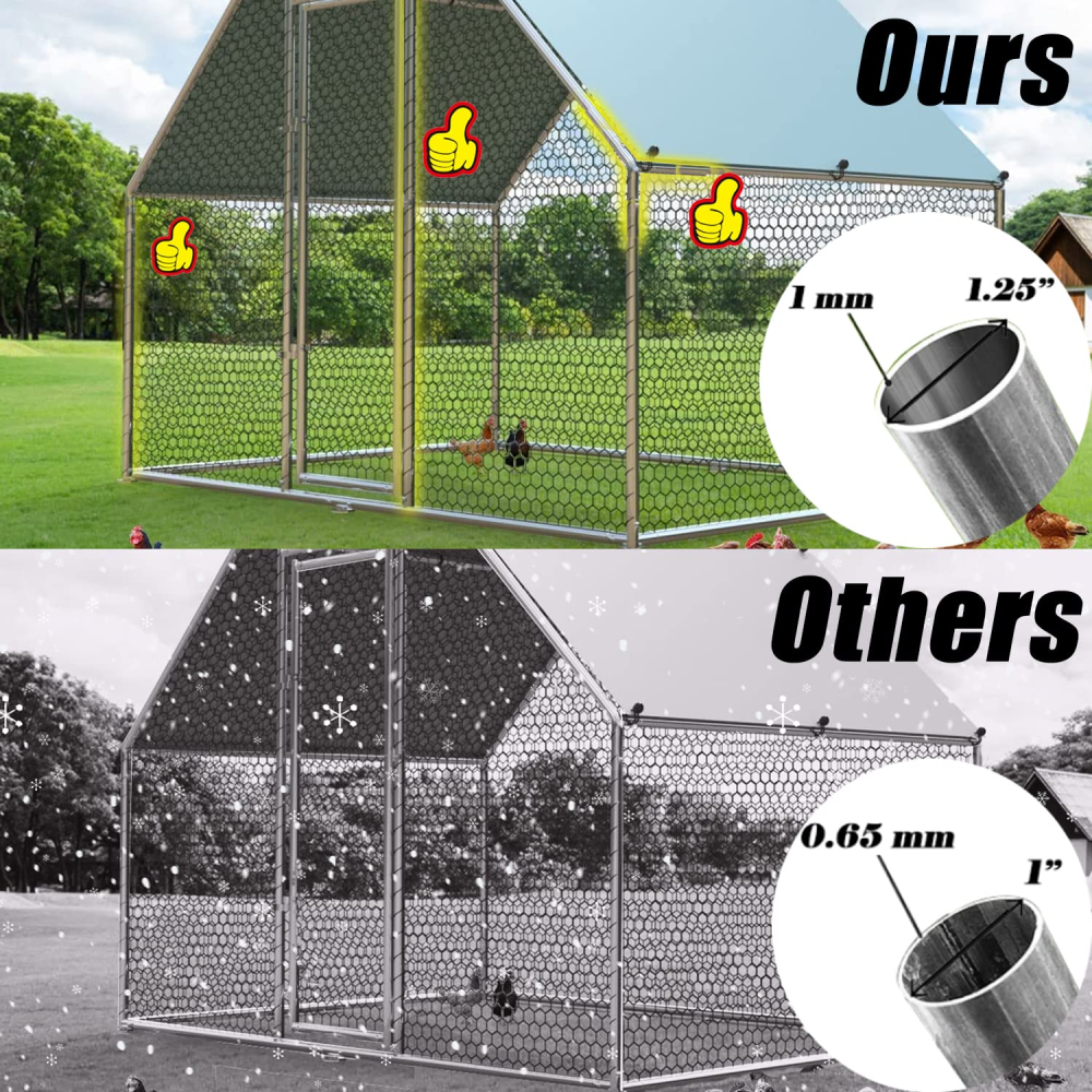 Metal Large Chicken Coop Walk-in Poultry Cage Large Chicken Run Flat Shaped Cage with Waterproof Anti-UltravioletCover;  1.26" Diameter Tube (9.8' L x 6.6' W x 6.4' H)