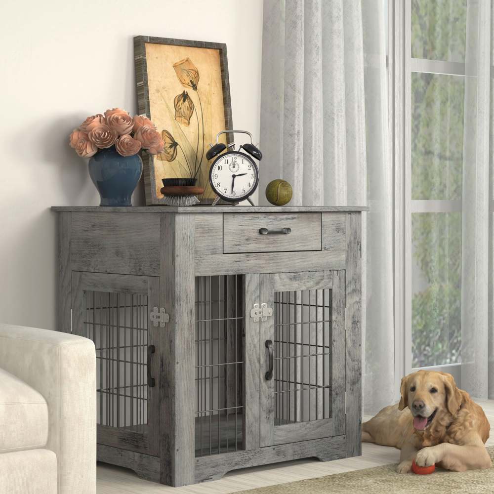 Furniture Style Dog Crate End Table with Drawer, Pet Kennels with Double Doors, Dog House Indoor Use, Weathered Grey