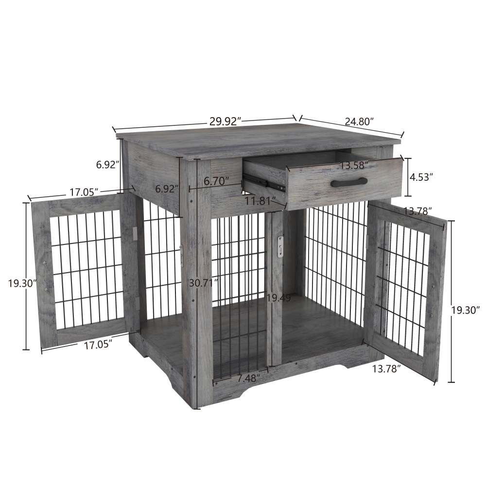 Furniture Style Dog Crate End Table with Drawer, Pet Kennels with Double Doors, Dog House Indoor Use, Weathered Grey