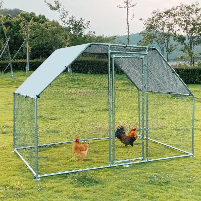 Metal Large Chicken Coop Walk-in Poultry Cage Large Chicken Run Flat Shaped Cage with Waterproof Anti-UltravioletCover;  1.26" Diameter Tube (9.8' L x 6.6' W x 6.4' H)