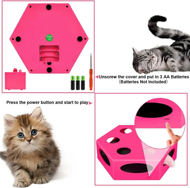 FluffyDream Interactive Cat Maze Box Toy; Electrical Cat Exercise Teaser Toy with Plush Tail & Ball Contains Bells; Fluffy Toys; Toys for Indoor Cats; Pets; Kitten; Kitty; Pink