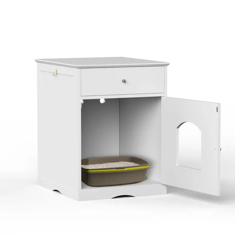 Wooden Pet House Cat Litter Box Enclosure with Drawer; Side Table; Indoor Pet Crate; Cat Home Nightstand (White)