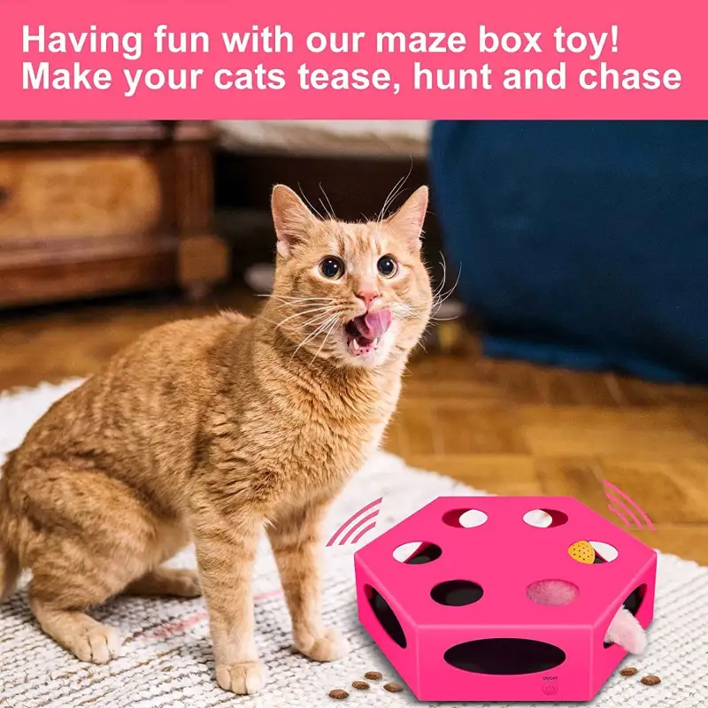 FluffyDream Interactive Cat Maze Box Toy; Electrical Cat Exercise Teaser Toy with Plush Tail & Ball Contains Bells; Fluffy Toys; Toys for Indoor Cats; Pets; Kitten; Kitty; Pink