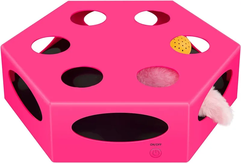 FluffyDream Interactive Cat Maze Box Toy; Electrical Cat Exercise Teaser Toy with Plush Tail & Ball Contains Bells; Fluffy Toys; Toys for Indoor Cats; Pets; Kitten; Kitty; Pink