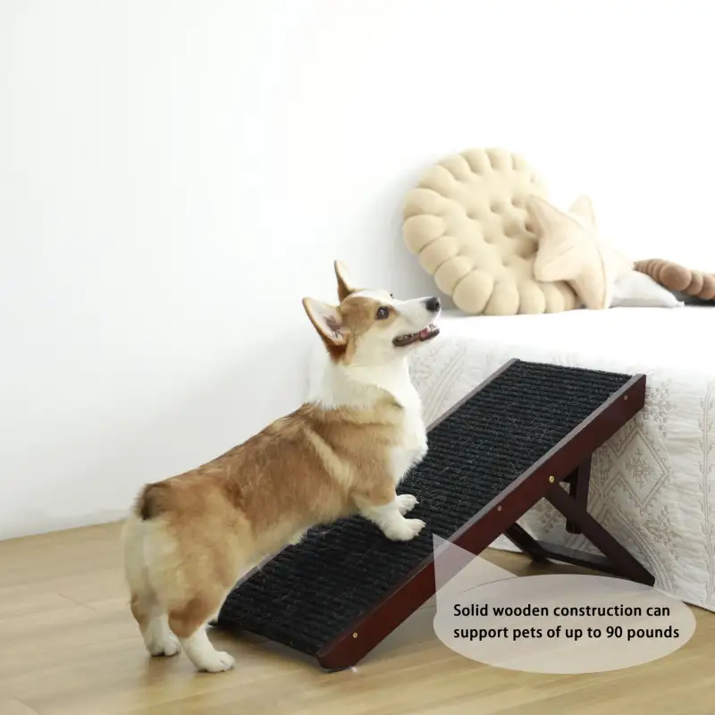 Adjustable Pet Ramp;  Folding Portable Wooden Dog Cat Ramp;  Non-Slip Paw Traction Mat Dog Step for Car;  SUV;  Bed;  Couch;  Adjustable Height from 10" to 19"