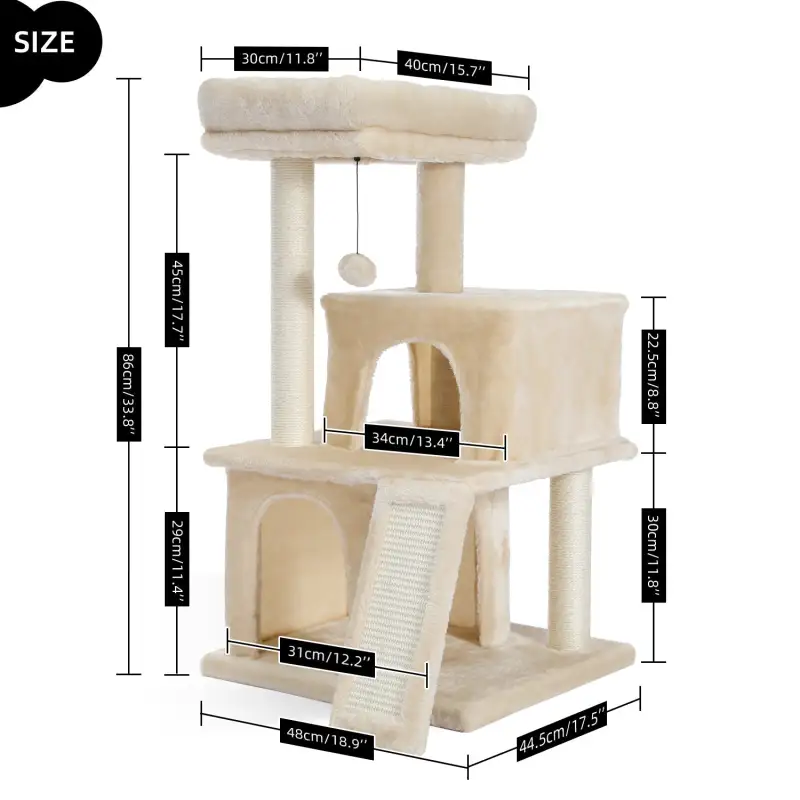 Cat Tree Luxury 34 Inches Cat Tower with Double Condos; Spacious Perch; Fully Wrapped Scratching Sisal Posts and Replaceable Dangling Balls Beige