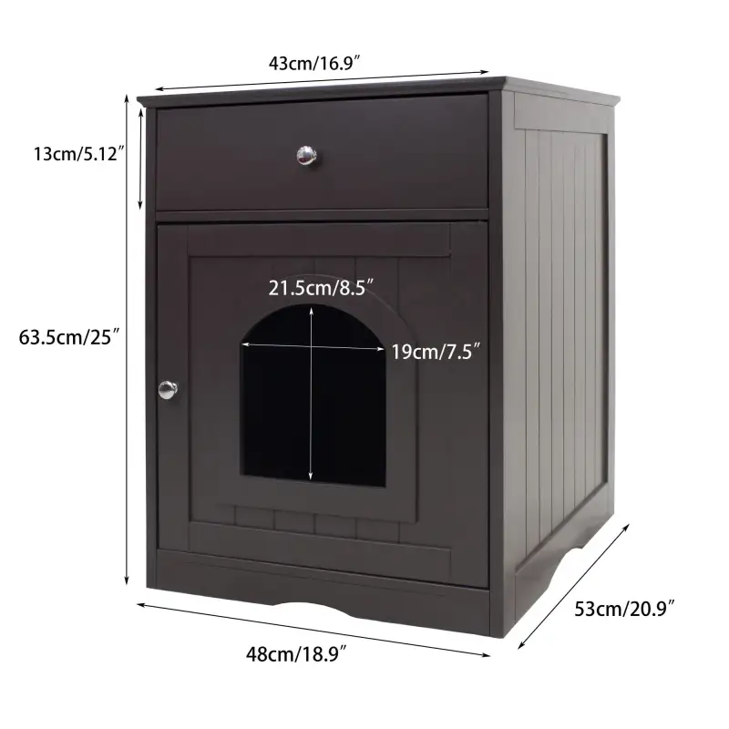 Wooden Pet House Cat Litter Box Enclosure with Drawer; Side Table; Indoor Pet Crate; Cat Home Nightstand (Brown)