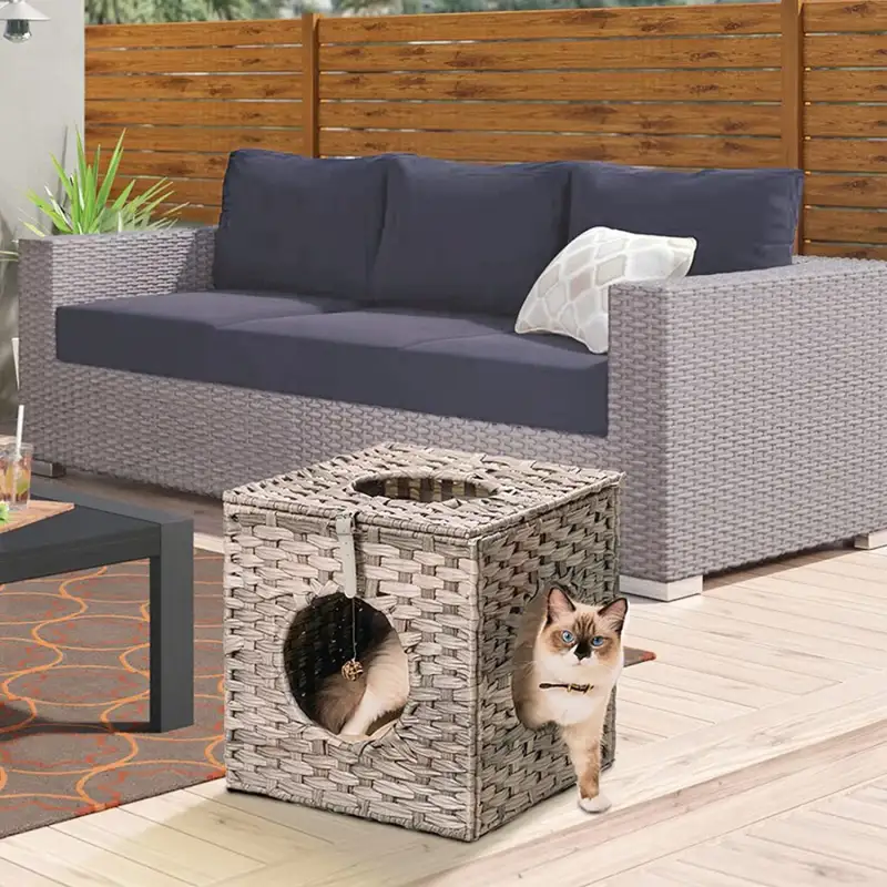 Mewoofun Handmade Cat Supplies Cat House for Indoor Woven Rattan Designed Pets
