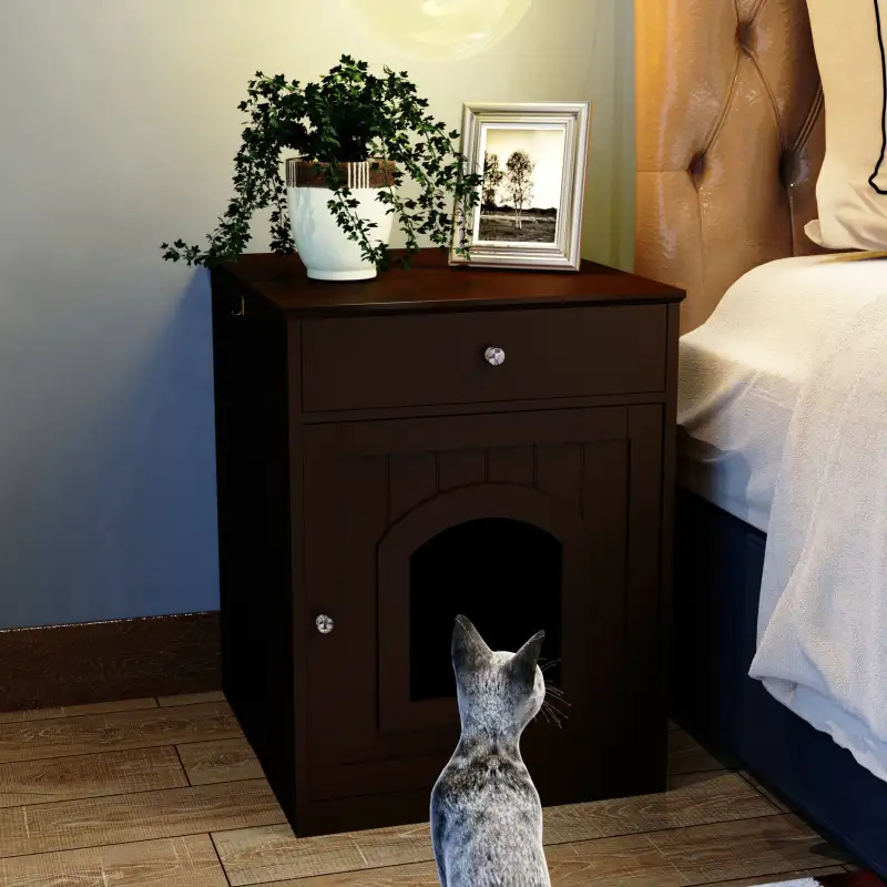Wooden Pet House Cat Litter Box Enclosure with Drawer; Side Table; Indoor Pet Crate; Cat Home Nightstand (Brown)