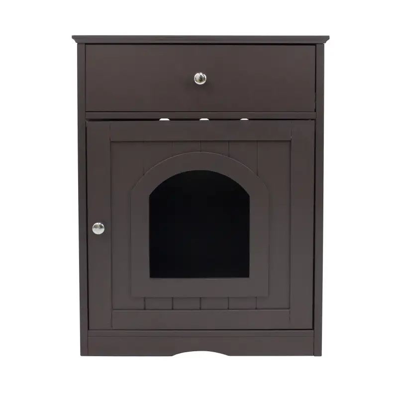 Wooden Pet House Cat Litter Box Enclosure with Drawer; Side Table; Indoor Pet Crate; Cat Home Nightstand (Brown)