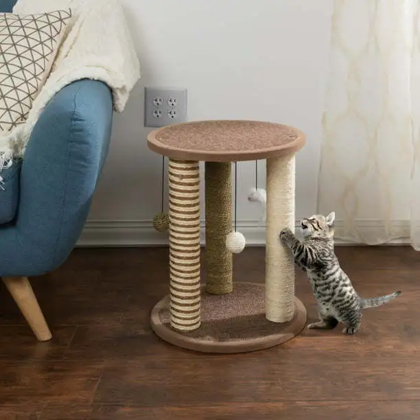 Cat Scratching Post Tower with 3 Scratcher Posts, Carpeted Base Play Area and Perch – Furniture Scratching Deterrent for Indoor Cats
