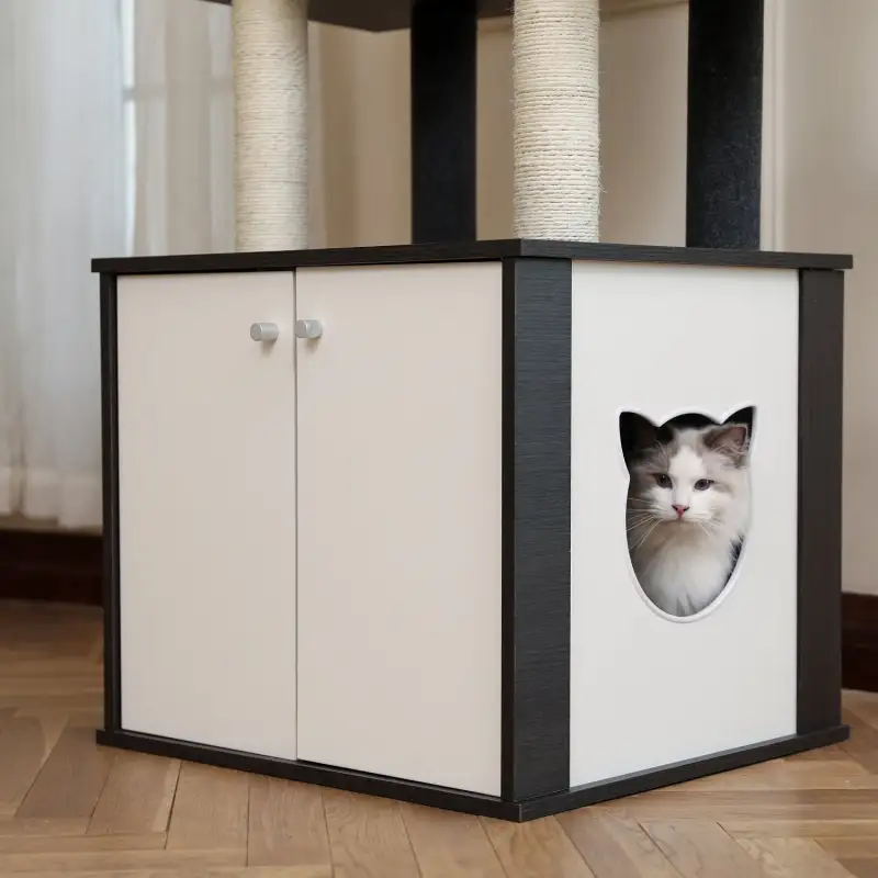 (Do Not Sell on Amazon) All-in-One Multi-Functional Cat Tree Modern Wood Cat Tower with Cat Washroom Litter Box House, Cat Condo, Top Perch, Large Hammock and Scratching Post Black