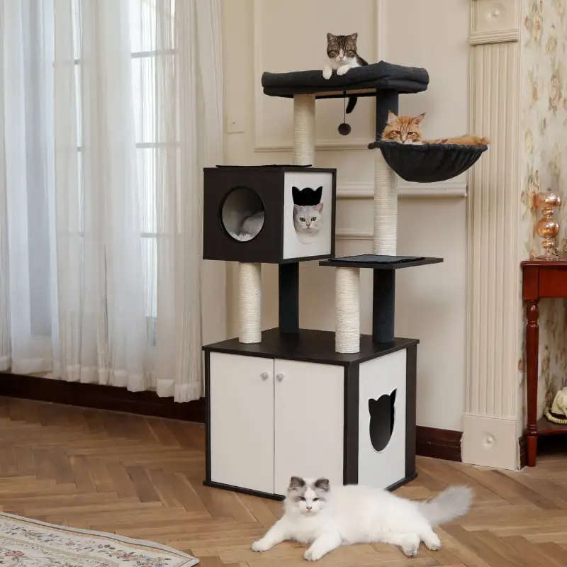 (Do Not Sell on Amazon) All-in-One Multi-Functional Cat Tree Modern Wood Cat Tower with Cat Washroom Litter Box House, Cat Condo, Top Perch, Large Hammock and Scratching Post Black