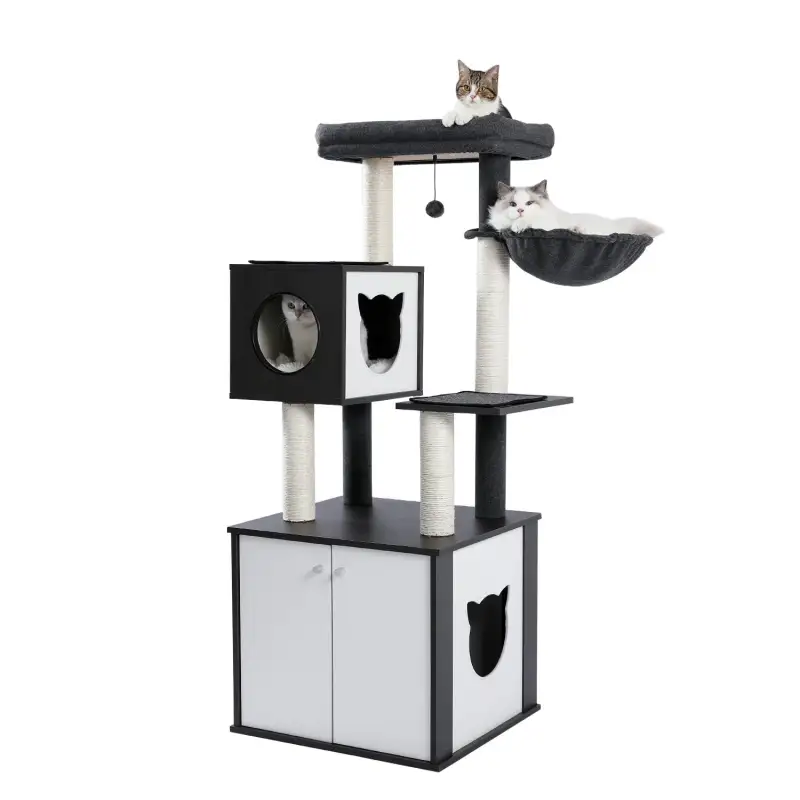 (Do Not Sell on Amazon) All-in-One Multi-Functional Cat Tree Modern Wood Cat Tower with Cat Washroom Litter Box House, Cat Condo, Top Perch, Large Hammock and Scratching Post Black