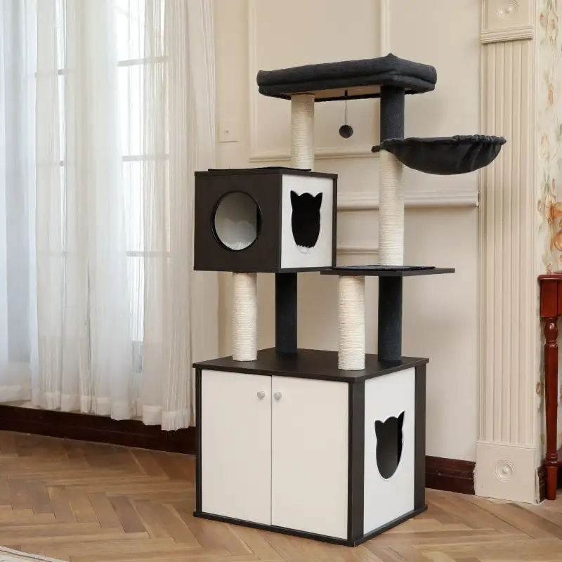 (Do Not Sell on Amazon) All-in-One Multi-Functional Cat Tree Modern Wood Cat Tower with Cat Washroom Litter Box House, Cat Condo, Top Perch, Large Hammock and Scratching Post Black