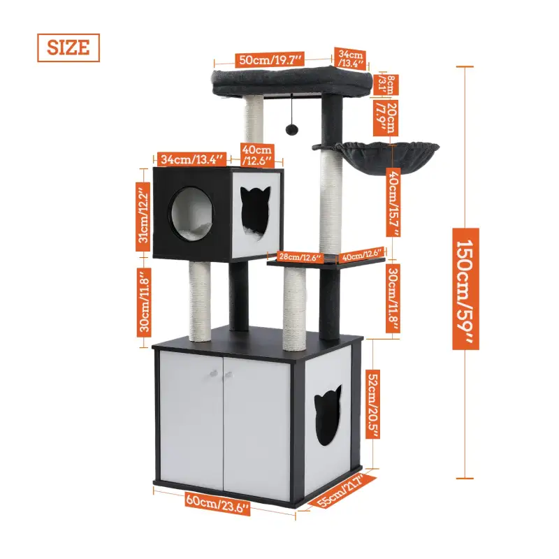 (Do Not Sell on Amazon) All-in-One Multi-Functional Cat Tree Modern Wood Cat Tower with Cat Washroom Litter Box House, Cat Condo, Top Perch, Large Hammock and Scratching Post Black