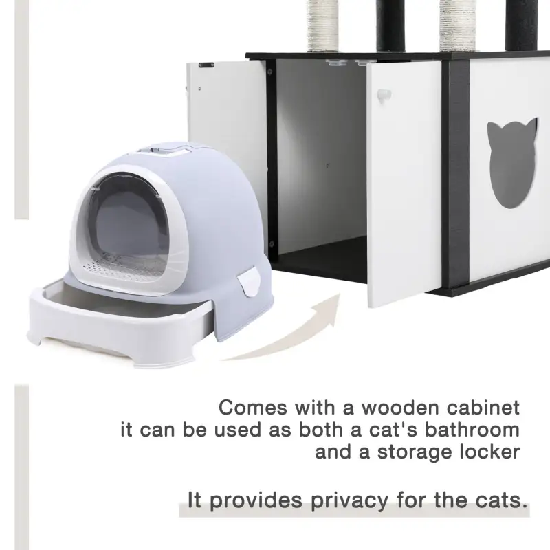 (Do Not Sell on Amazon) All-in-One Multi-Functional Cat Tree Modern Wood Cat Tower with Cat Washroom Litter Box House, Cat Condo, Top Perch, Large Hammock and Scratching Post Black