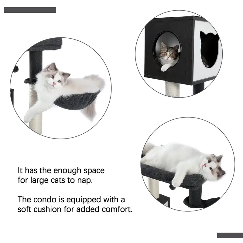 (Do Not Sell on Amazon) All-in-One Multi-Functional Cat Tree Modern Wood Cat Tower with Cat Washroom Litter Box House, Cat Condo, Top Perch, Large Hammock and Scratching Post Black