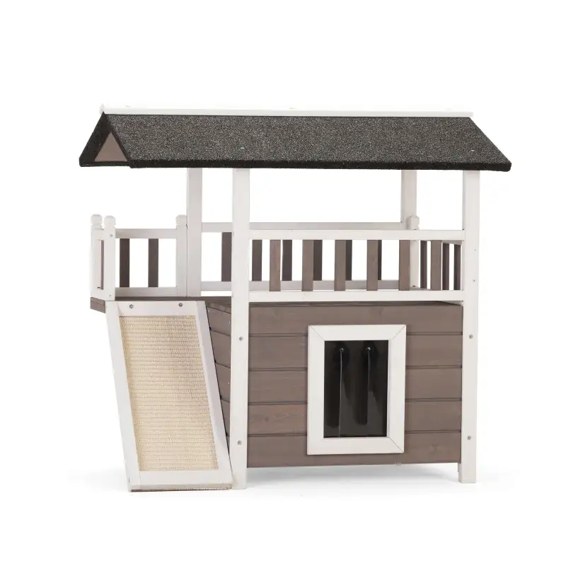 2-Tier Outdoor Wooden Dog House, Weatherproof Dog Hutch with A Large Balcony, Sisal Scratching Pad Ladder, Gift for Pets, Gray and White