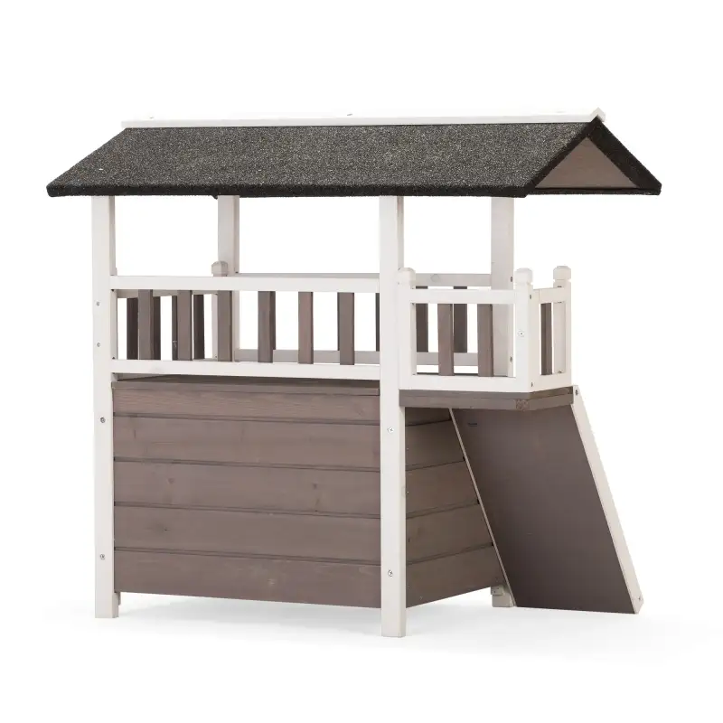 2-Tier Outdoor Wooden Dog House, Weatherproof Dog Hutch with A Large Balcony, Sisal Scratching Pad Ladder, Gift for Pets, Gray and White